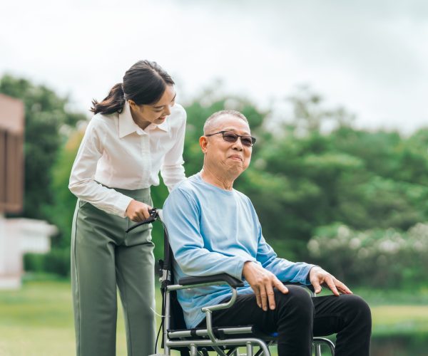 Asian,People,Elderly,Man,On,Wheelchair,With,Caregiver,Nurse,Outdoor,